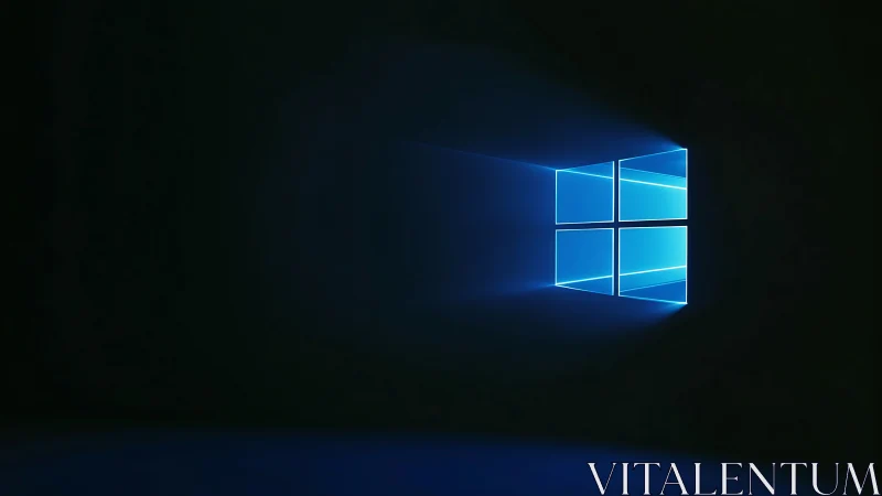 Luminous blue window logo projects volumetric light into darkness