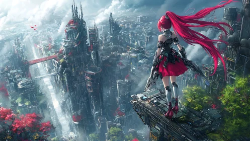 Crimson cybergirl surveying a mist-soaked neon megacity.