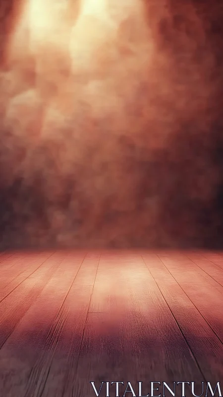 Wooden floor extends into blurred, warmly lit backdrop