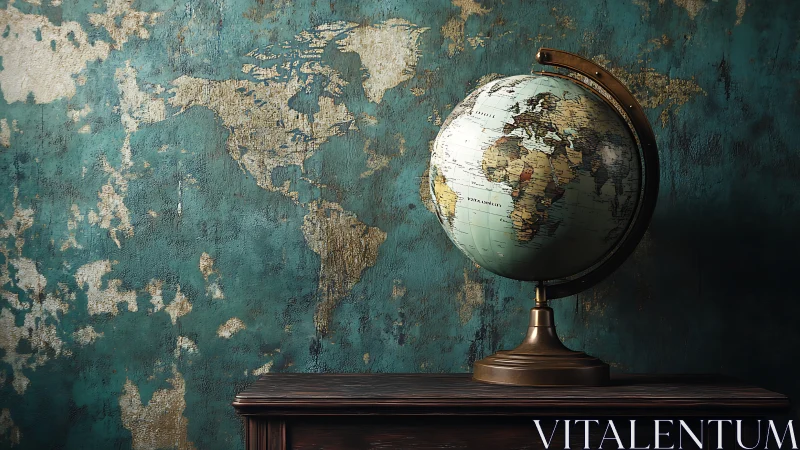 Vintage globe spins against weathered teal world map wall.