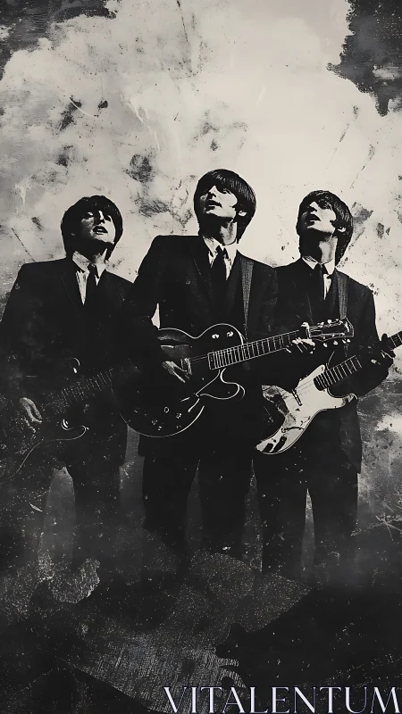 Monochrome rock band portrait merges grit with atmospheric grain