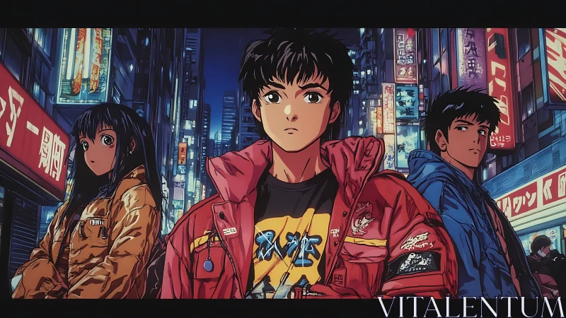 Neon-lit anime trio stand resolute in dense urban streetscape