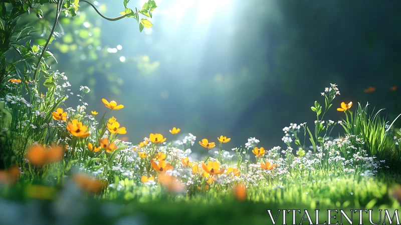 Sunlit wildflower meadow glows under soft morning beams