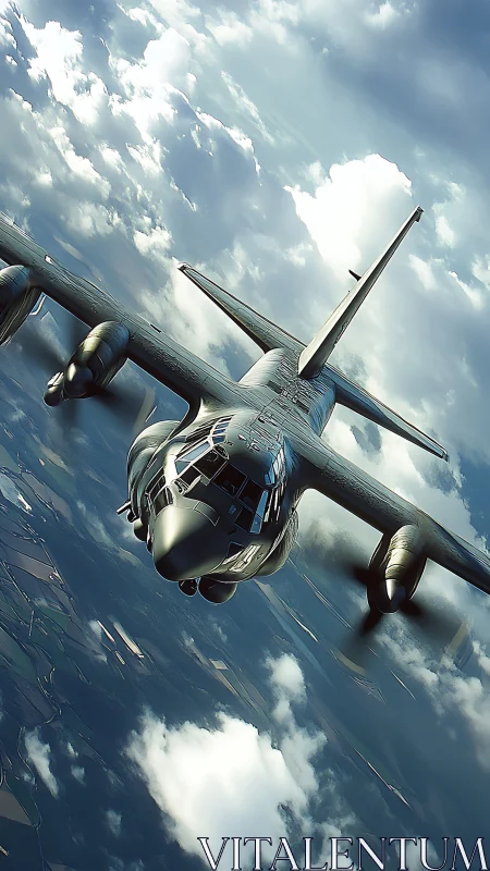Military transport aircraft banks sharply through layered clouds