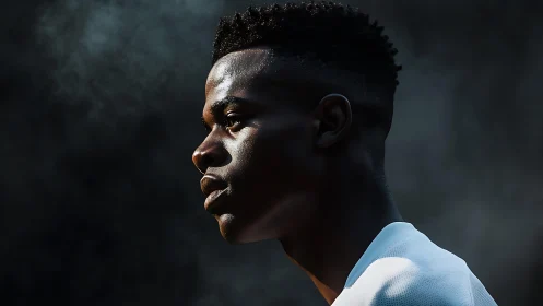 Smoke-hazed side profile catches light on focused athlete.