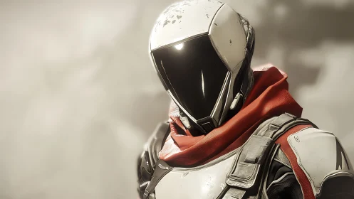 Armored sci‑fi sentinel in reflective visor and red scarf