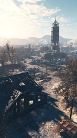 Post-apocalyptic wasteland with derelict tower at sunrise.