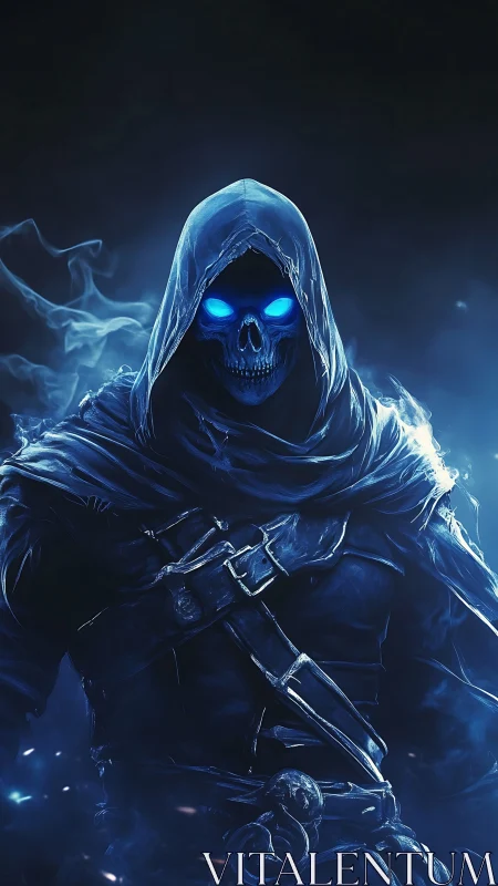 Hooded skeletal figure with blue glowing eyes in darkness.