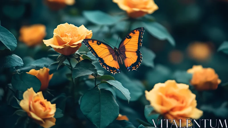 Orange butterfly resting among yellow roses in garden.
