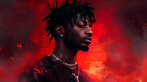 Digital portrait of man in red atmospheric background.