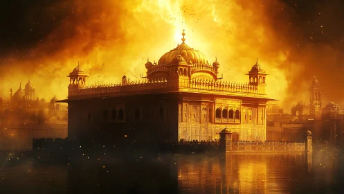 Golden riverside temple structure stands amid dense fiery haze