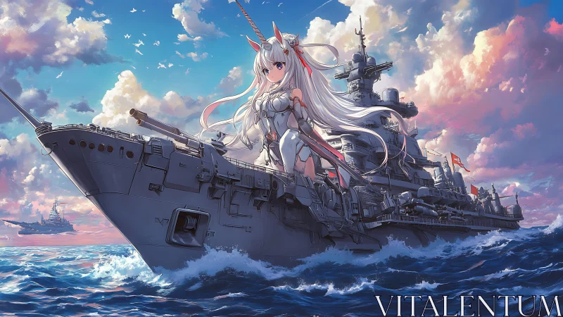 Warship goddess stands armored on steel battleship prow.