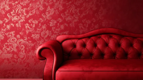 Red tufted sofa is positioned before patterned wall