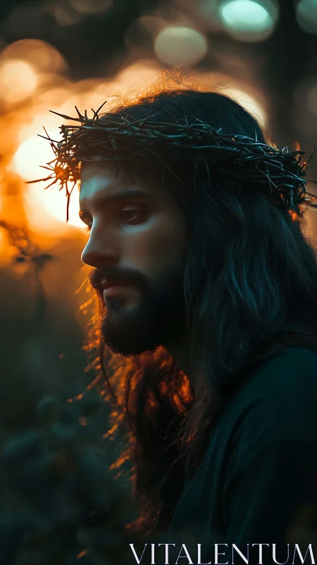 Crowned figure in dusk backlight with warm rim lighting.