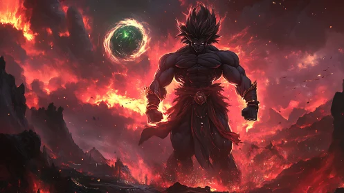 Muscular dark figure stands amid fiery clouds and terrain