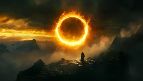 Solitary figure observing fiery circular portal in sky.