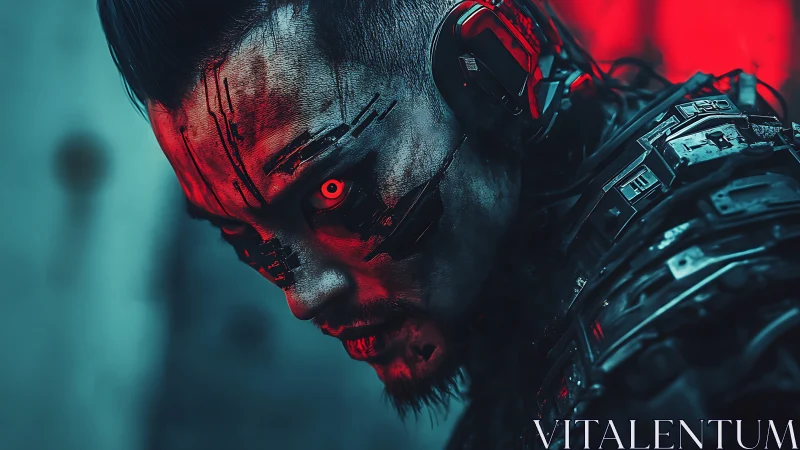 Cybernetic warrior portrait with red ocular implant and armor