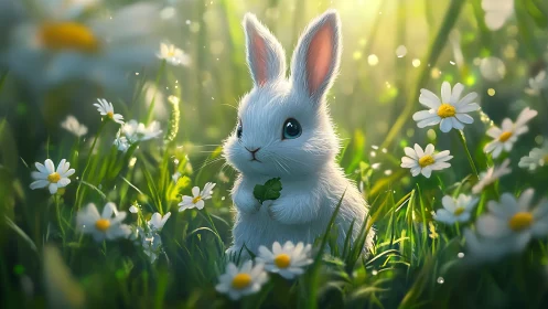 Gentle white bunny pauses in glowing meadow of spring daisies