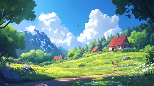 Lush alpine valley landscape with stylized cottages and layered depth