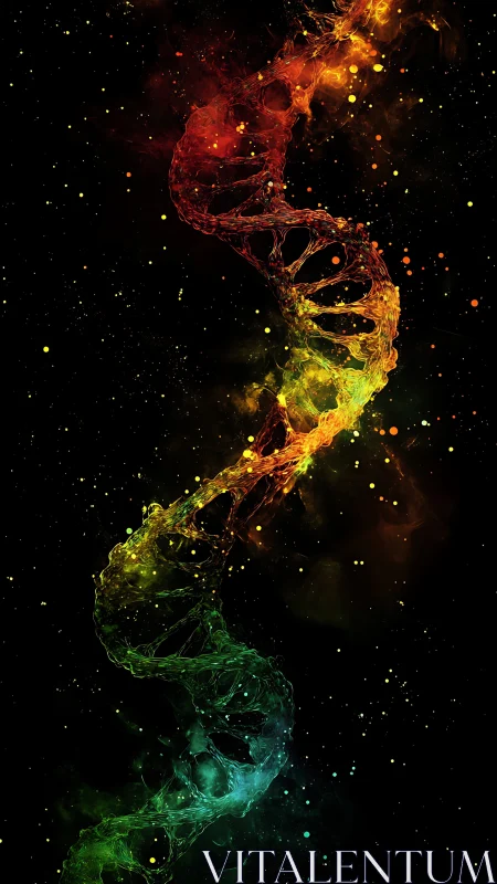 Cosmic DNA helix glows with luminous rainbow energy in space.