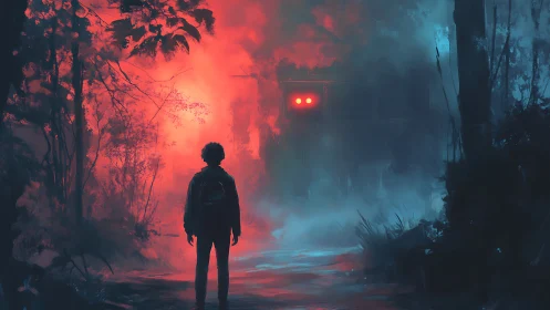 Midnight forest encounter with glowing red-eyed mystery train.