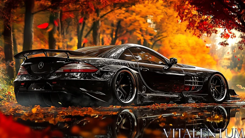 Digital painting of black supercar in reflective autumn forest scene.