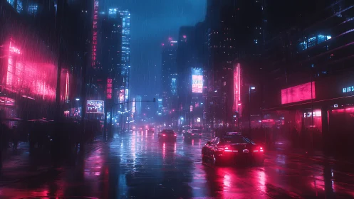 Neon rain city drive under glowing midnight towers.