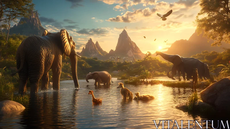 Sunlit elephants and river friends in a peaceful wild valley.
