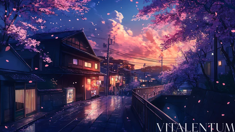 Evening street scene shows stylized urban cherry blossoms