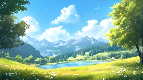 Digital painting landscape with alpine lake and bright meadow.