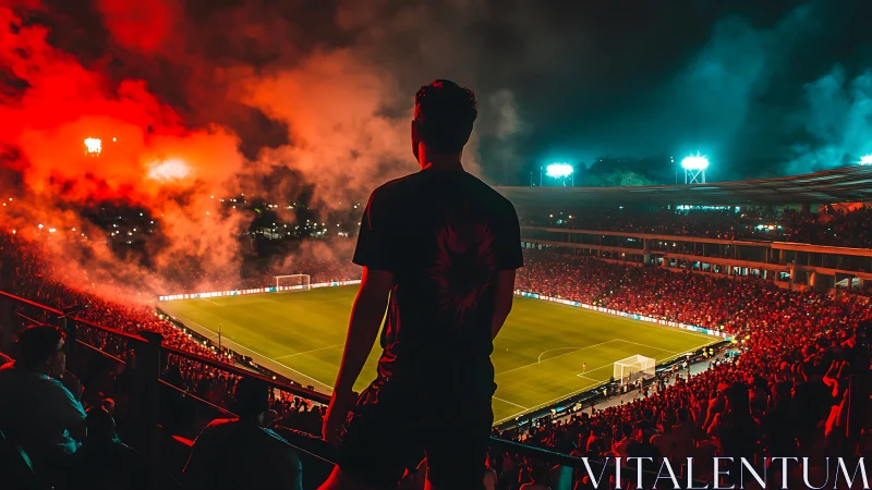 Silhouette of spectator overseeing illuminated football stadium