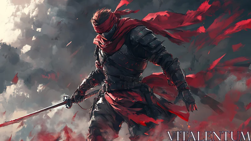 Armored swordsman in red cloth amid stormy abstract field.
