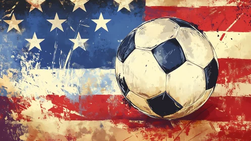 Soccer ball over distressed American flag illustration.
