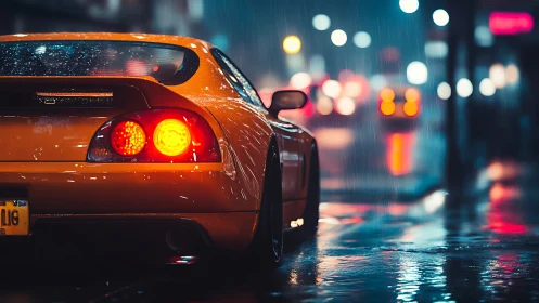 Golden sports car glows warmly in a rainy neon city night