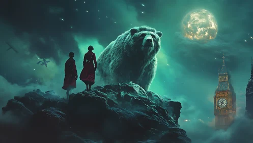 Colossal spectral bear dominates lunar-lit London skyline plateau