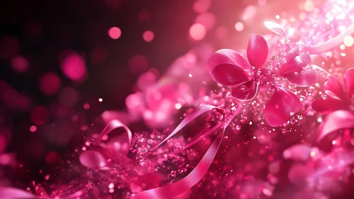 Pink ribbon flowers with glitter particles and bokeh light.