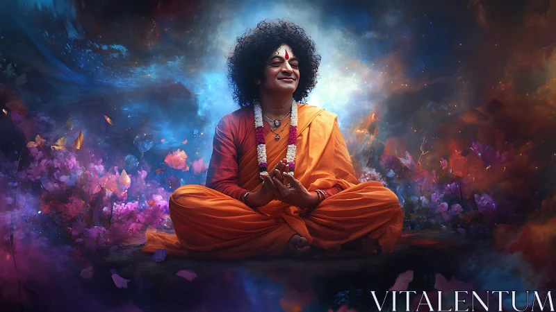 Mystic guru meditating in luminous cosmic garden portal.
