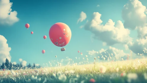 Pink hot air balloons drift above dreamy flower meadow.