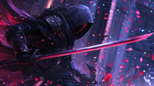 Hooded cyberninja with crimson katana amid falling petals.