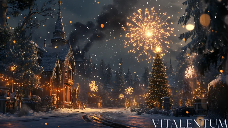 Snowy village street under Christmas fireworks display.