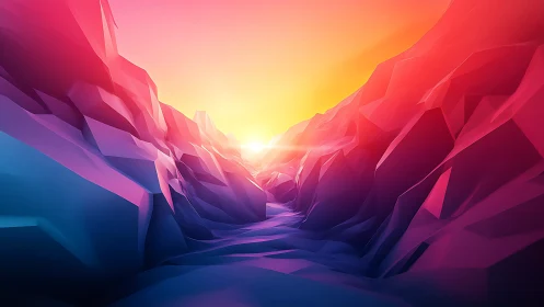 Low poly canyon landscape with vivid sunrise glow.