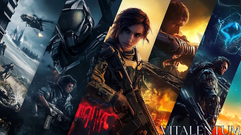 High-contrast sci-fi soldiers arranged in segmented cinematic panorama