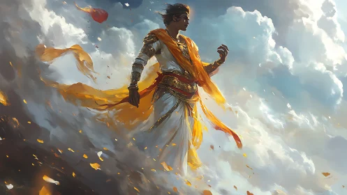 Male figure in flowing robes standing amid dense clouds.