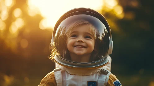 Child in Spacesuit with Helmet Against Golden Background.