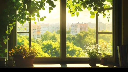 Sunny apartment window overlooking green city trees.