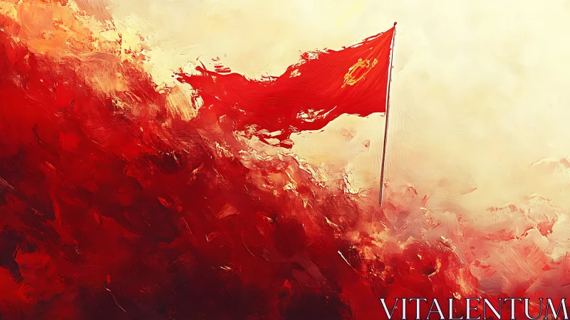 Red banner in dynamic impasto over luminous horizon field.