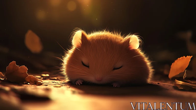 Sleepy golden hamster curled in soft autumn light.