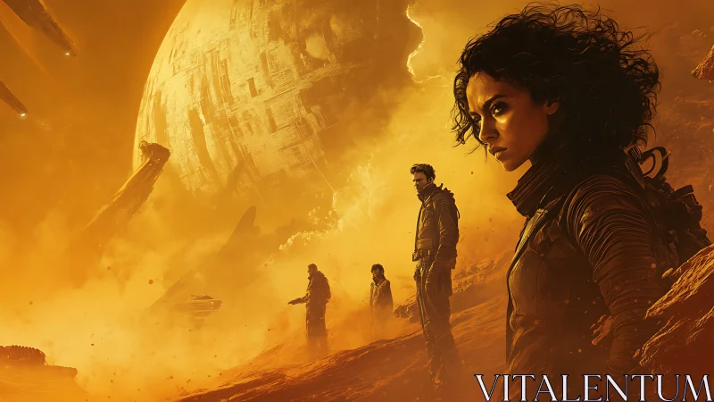 Fearless explorers stand beneath a burning alien sky.