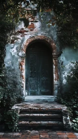 Weathered arched doorway with overgrown vegetation and steps