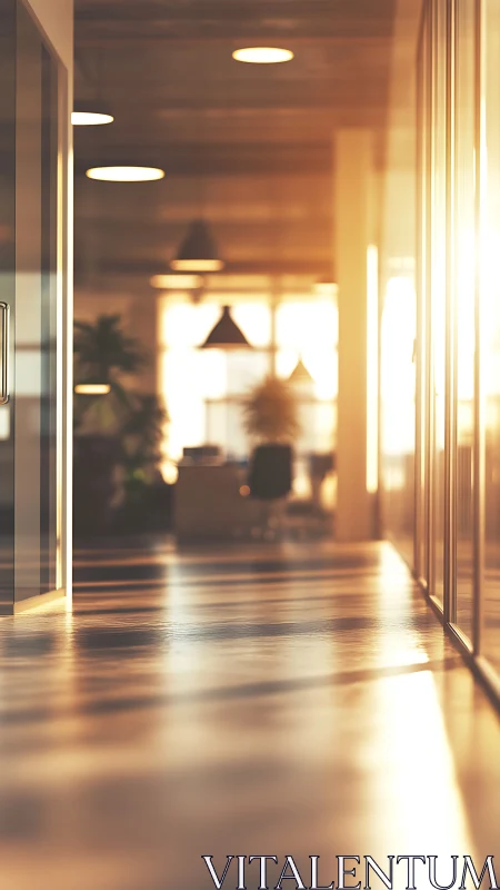 Contemporary interior corridor with volumetric light penetration and shallow depth field rendering
